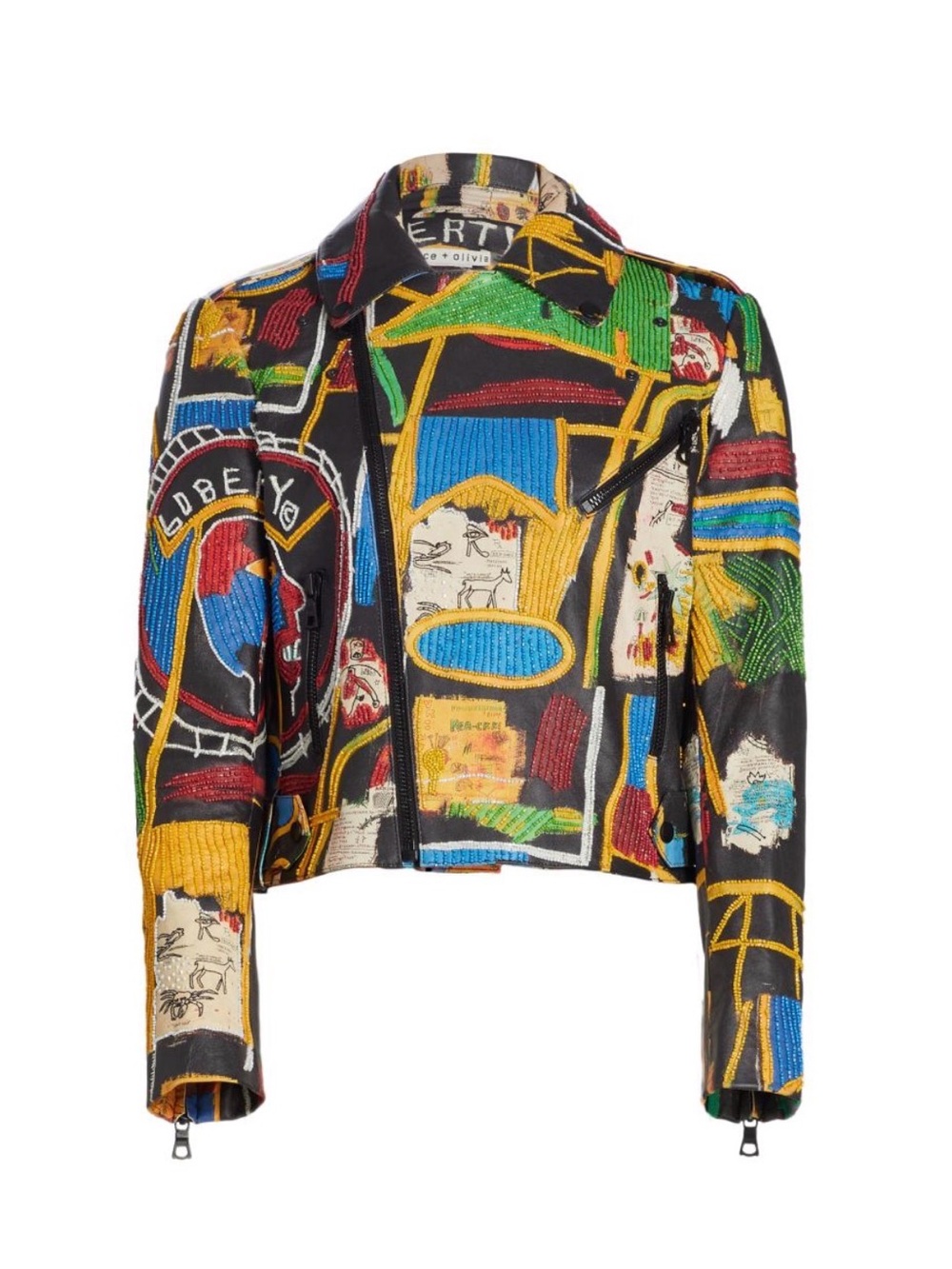 Alice + Olivia X Basquiat Cody Embellished Leather Jacket In Liberty. Size XS - Picture 4 of 17